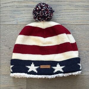 deLux Patriotic Handmade Wool Knit Beanie Full Sherpa Lining with R/W/B Pom Pom